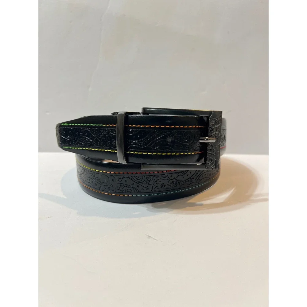 Robert Graham Mens Black Leather Paisley Embossed Belt Rainbow Stitch Size 32